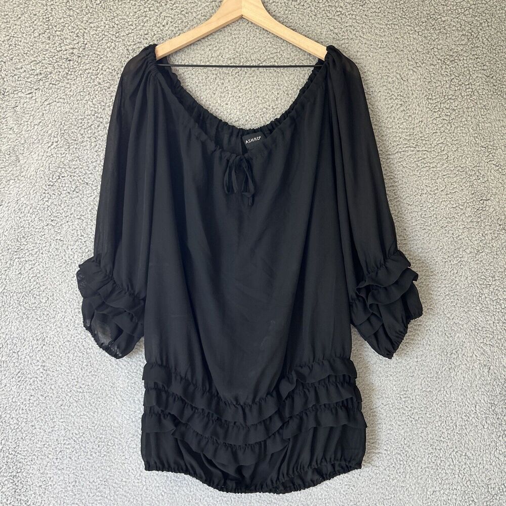 ASHRO Ruffled Top Womens 14 Black Sheer Blouson 3/4 Sleeve Career Office Goth